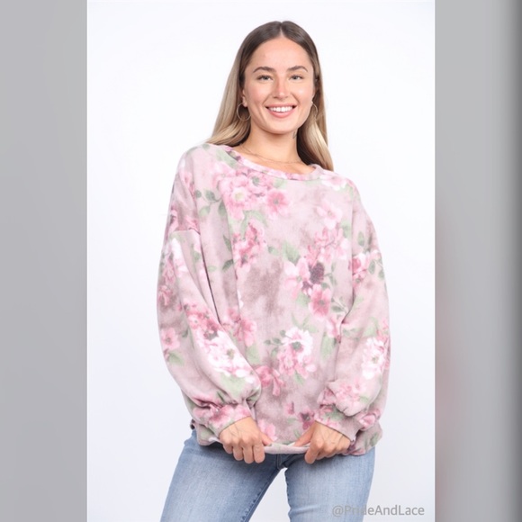 🆕 LAST 3️⃣ DUSTY ORCHIDFLORAL PRINT FLEECE OVERSIZE SWEATER - Picture 1 of 5